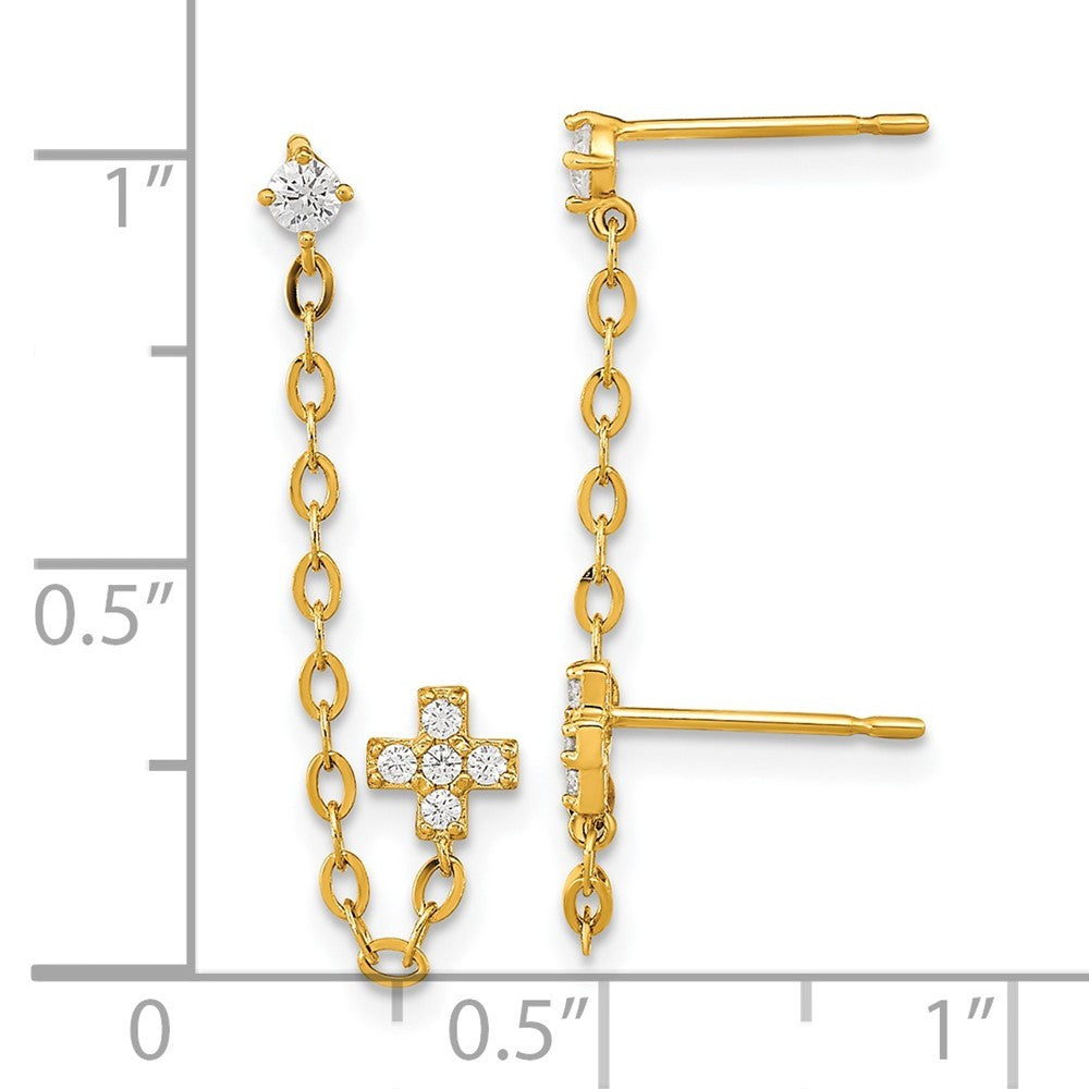 14k Yellow Gold Madi K Double Post w/Chain CZ Cross Earring (single)