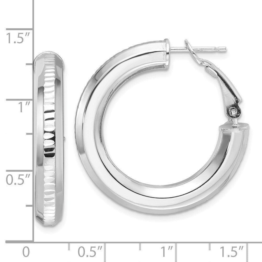 Sterling Silver RH-pltd Diamond-cut 4.75mm Omega Back Round Hoop Earrings