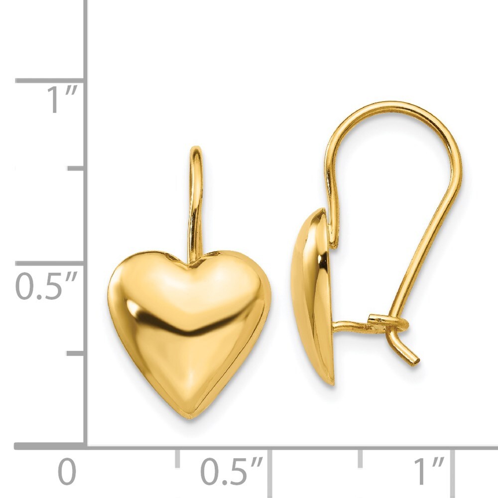 14k Yellow Gold Polished 11.5mm Puffed Heart Kidney Wire Drop & Dangle Earrings