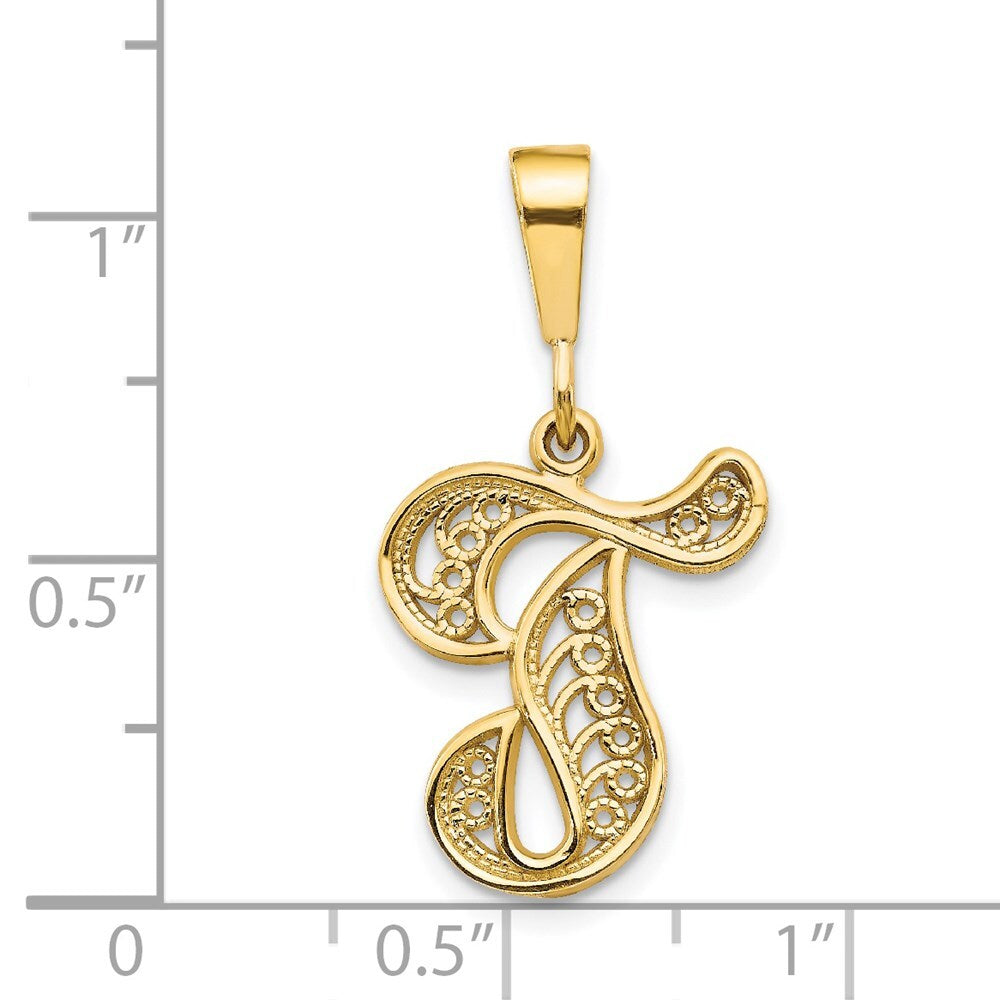 14k Yellow Gold Polished Script Filigree Letter T Initial Pendant for Women