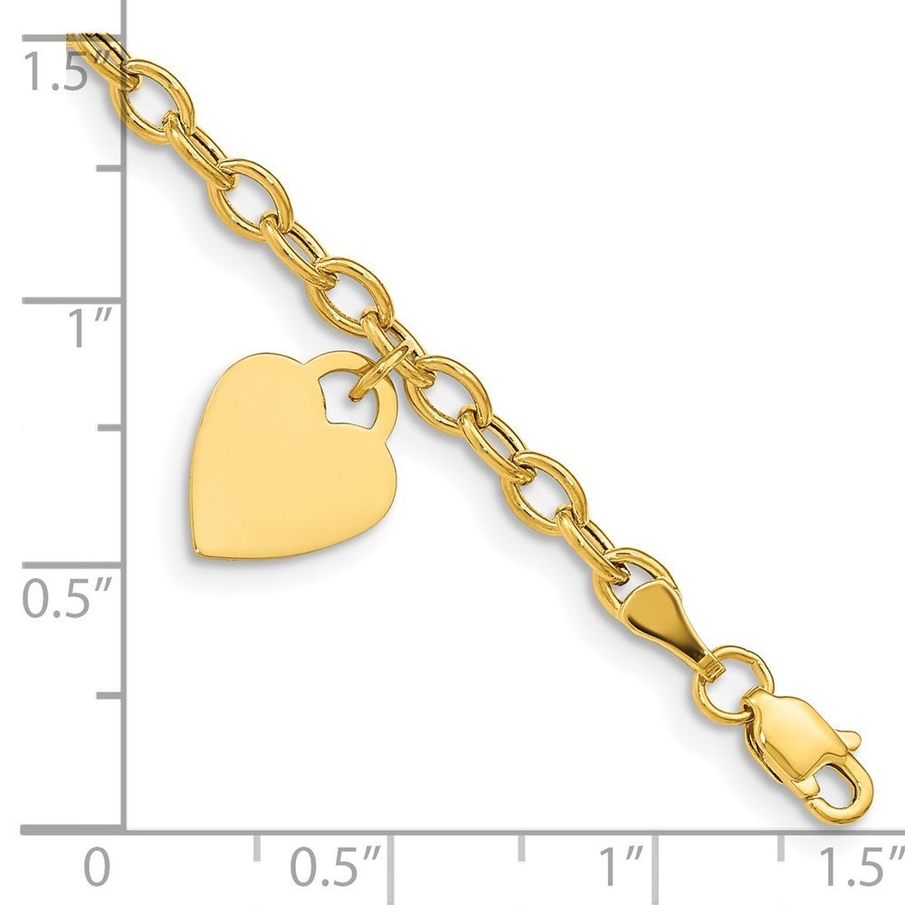 14k Yellow Gold 14x10mm Solid Dangle Heart Charm and Hollow Chain Bracelet 8.5"