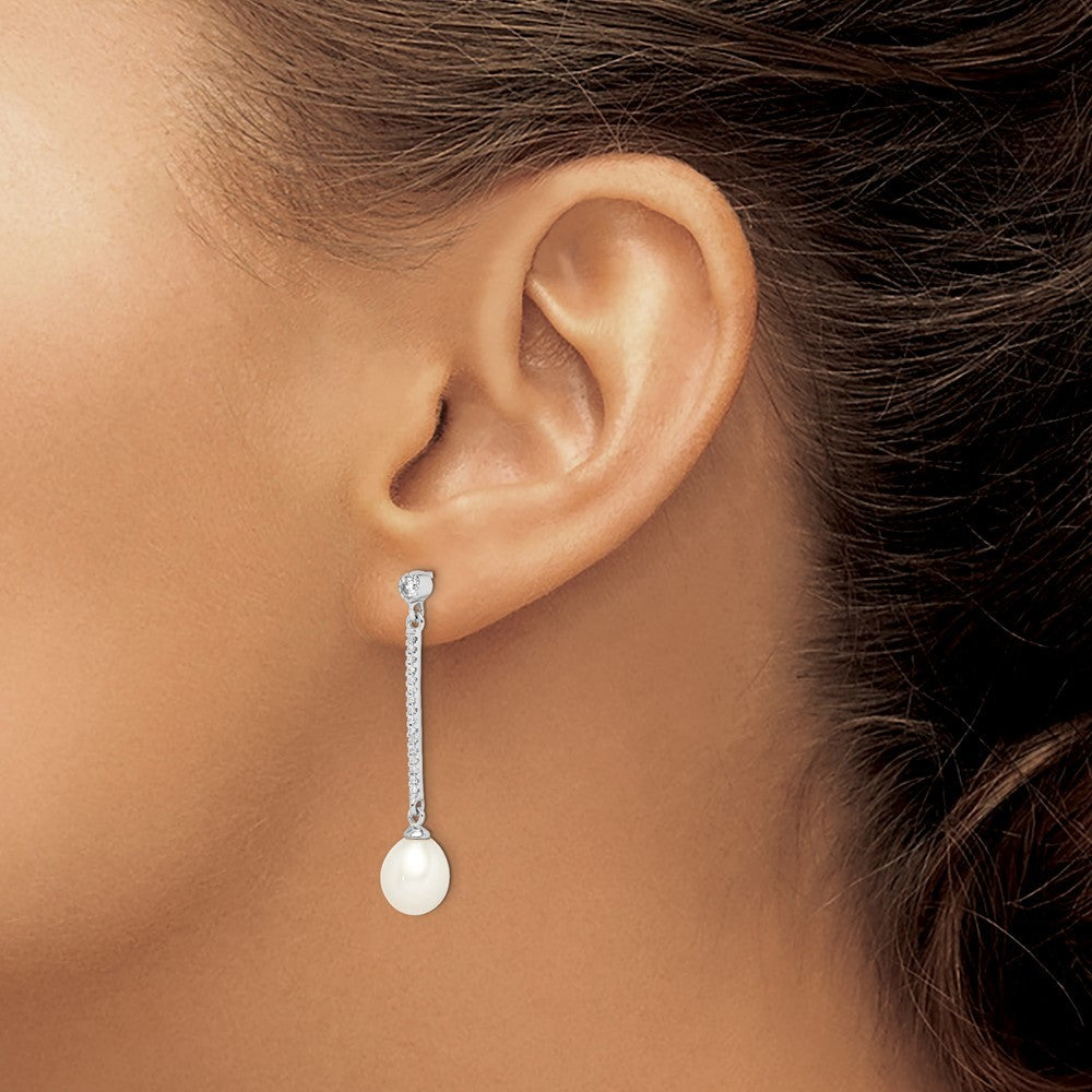 Sterling Silver 8-9mm Rice Freshwater Cultured Pearl and CZ Dangle Earrings