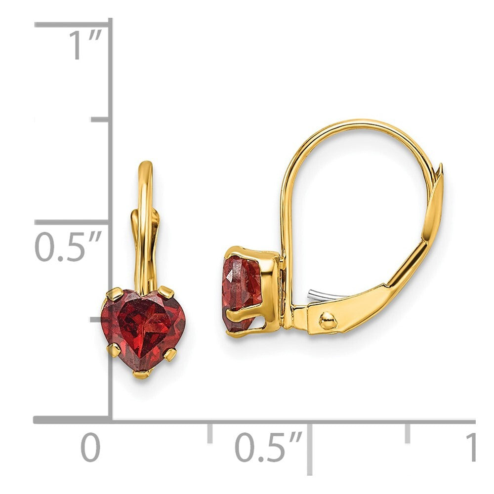 14k Yellow Gold 5mm Heart Garnet Dangle Earrings Leverback Gift for Women