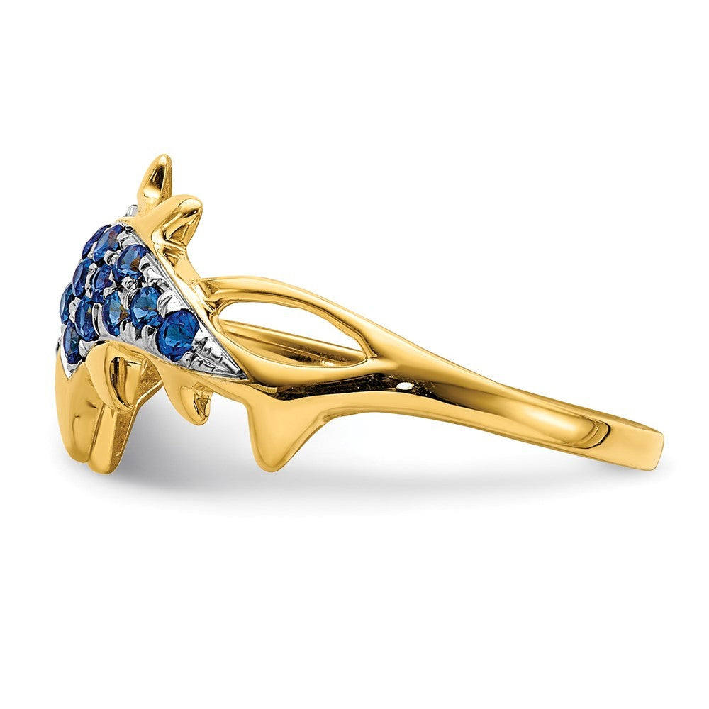 14k Yellow Gold w/ Rhodium Diamond and Sapphire Dolphins Ring
