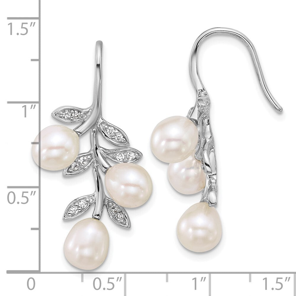 Sterling Silver White Rice Cultured Pearl & Cubic Zirconia Leaf Earrings