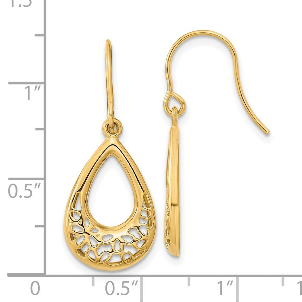 14k Yellow Gold Polished Floral Teardrop Drop Dangle Earrings w/ Shepherd Hook