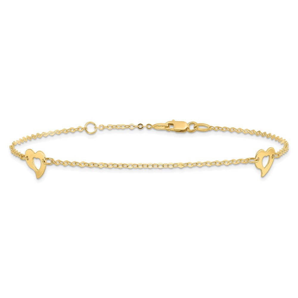 14k Yellow Gold Polished Cut-out Heart 10" Anklet