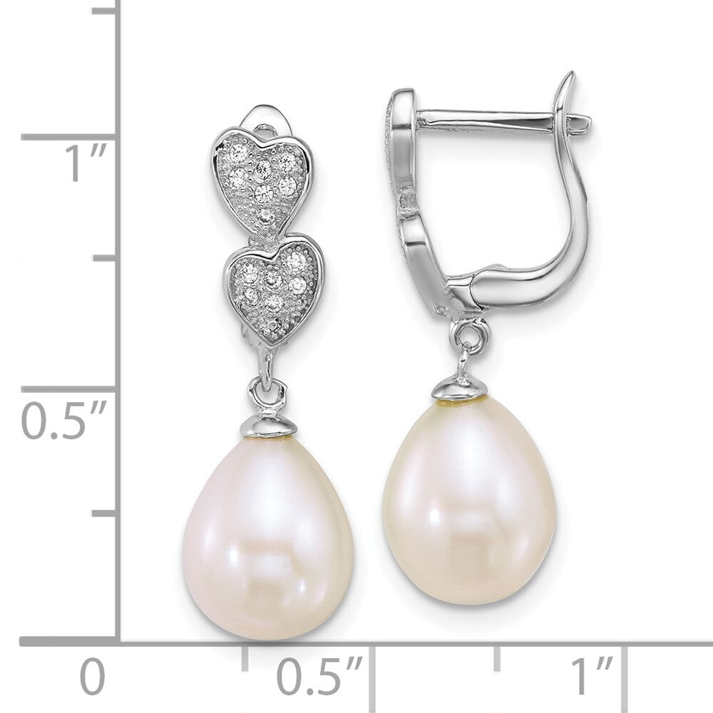 Sterling Silver Teardrop Cultured Pearl Cubic Zirconia Hearts Dangle Earrings
