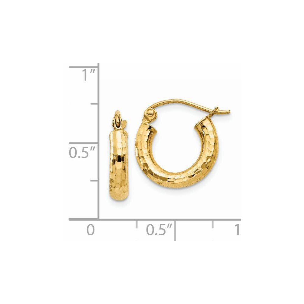 14k Yellow Gold Diamond-cut 3mm Round Hoop Earrings Gift for Women