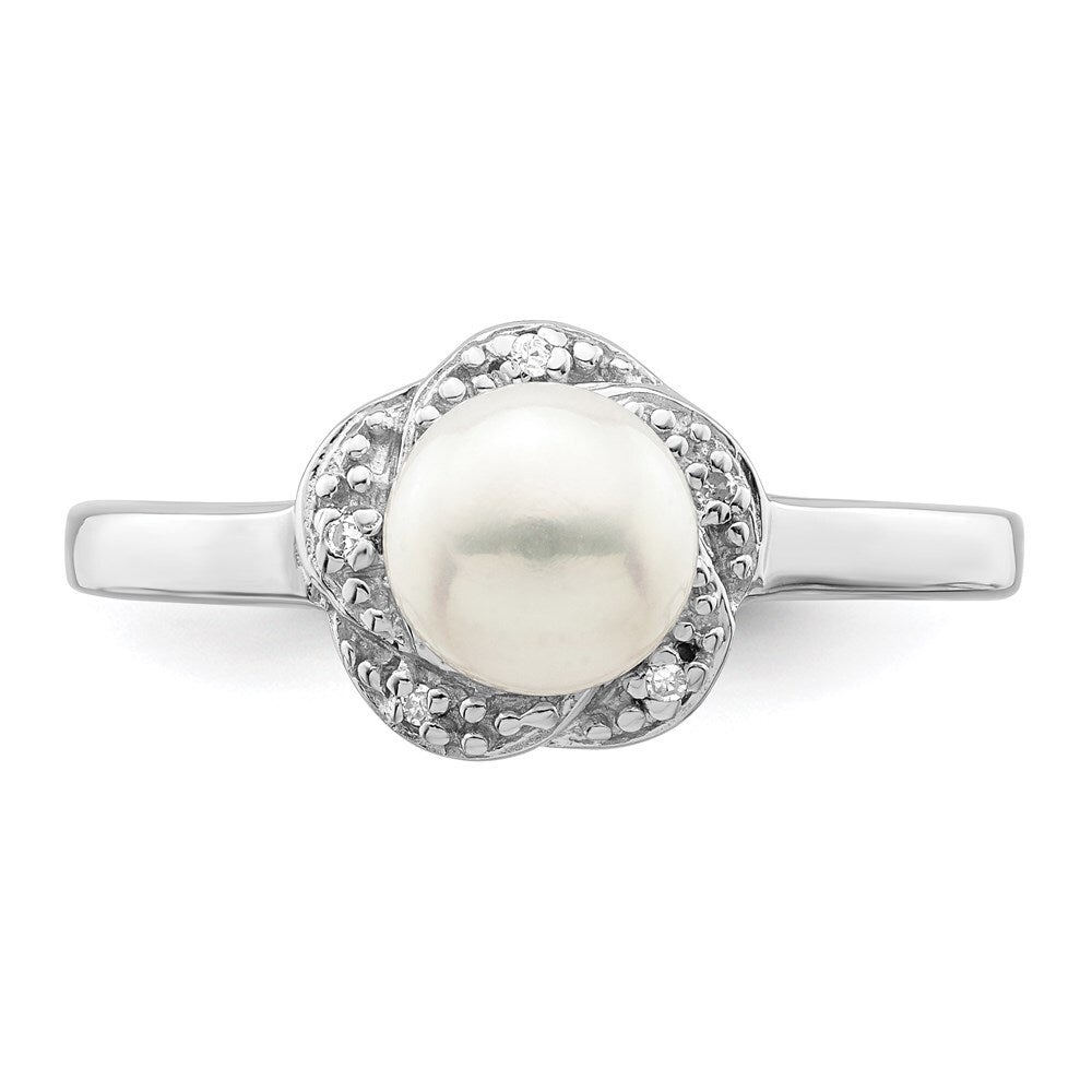 Sterling Silver Rhodium 6mm FW Cultured Button Pearl & Diamond Ring Size 7