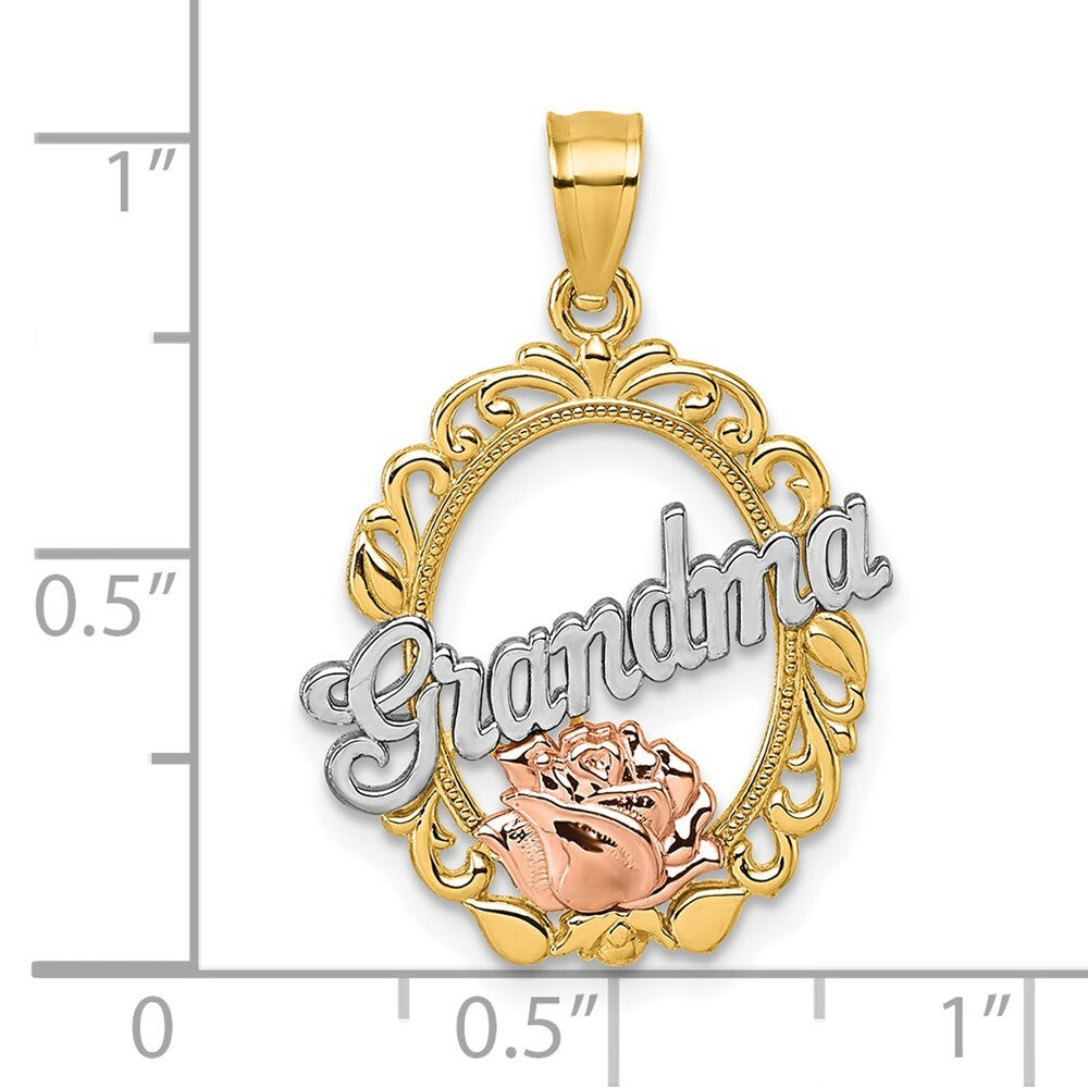 14k Yellow Gold Two-tone & White Rhodium Polished Grandma Rose Oval Pendant