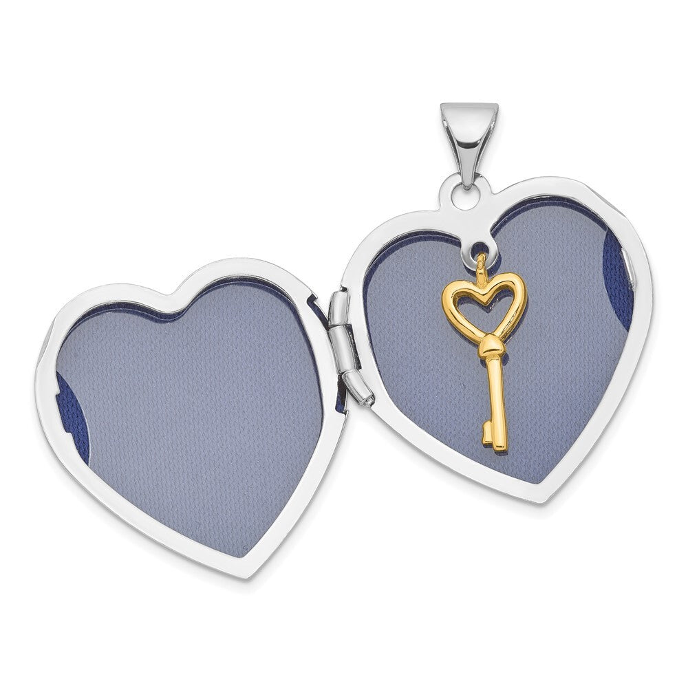 Sterling Silver Rhodium & Gold-plated Key Charm Inside 21mm Heart Locket