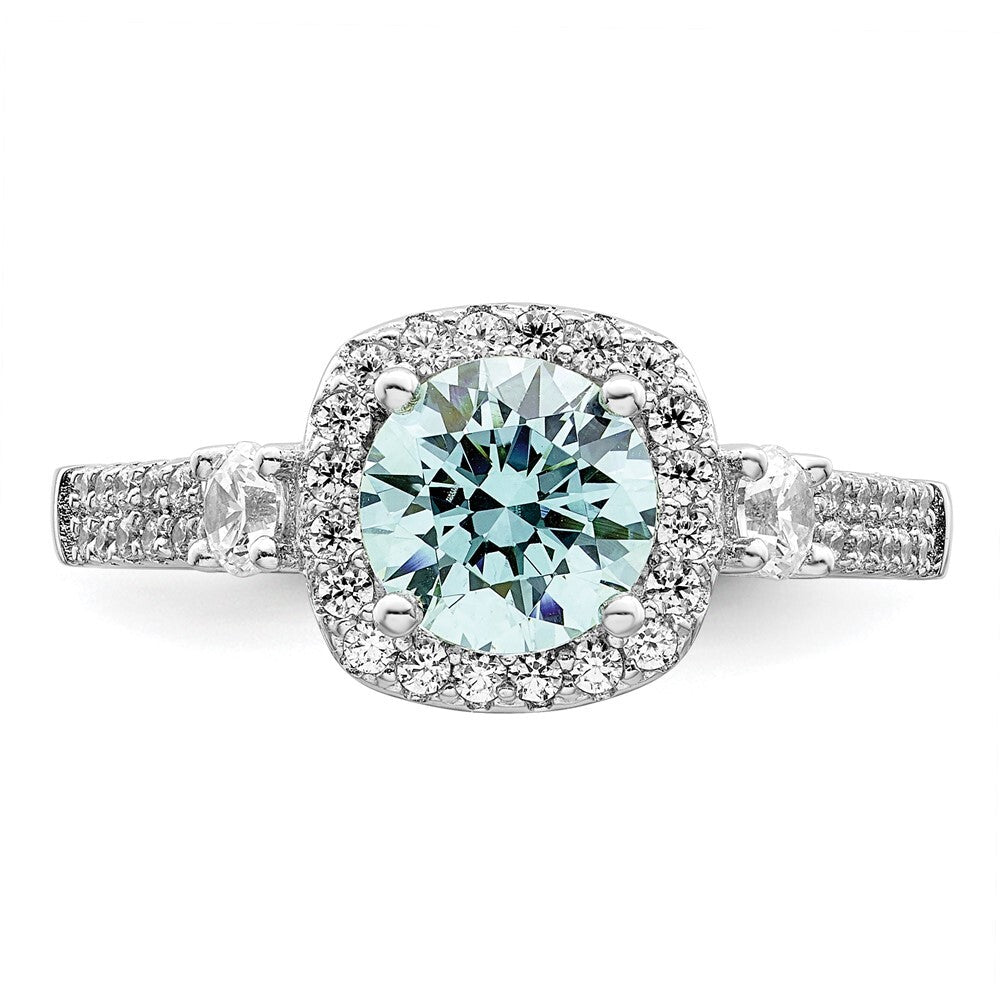 Sterling Silver Rhodium plated Carribean Green & White CZ Ring Size 7