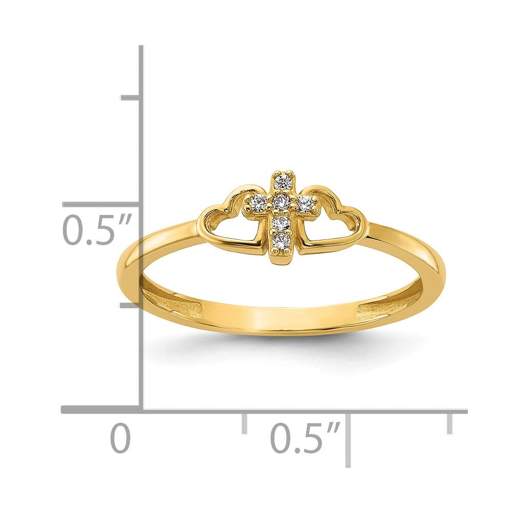 14K Yellow Gold Polished CZ Cross and Hearts Ring Size 8