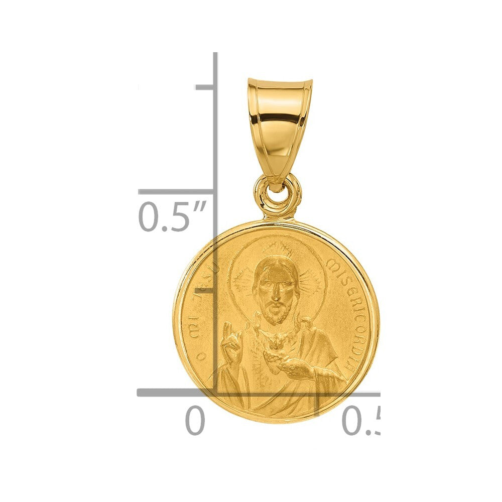 14k Yellow Gold Polished and Satin Solid Sacred Heart of Jesus Medal Pendant