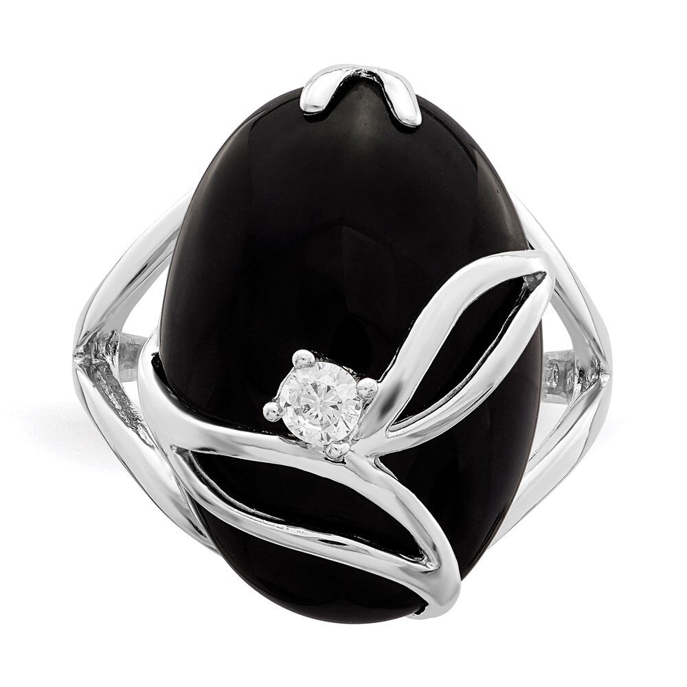 Sterling Silver Rhodium-plated Onyx and Cubic Zirconia Ring Size 7