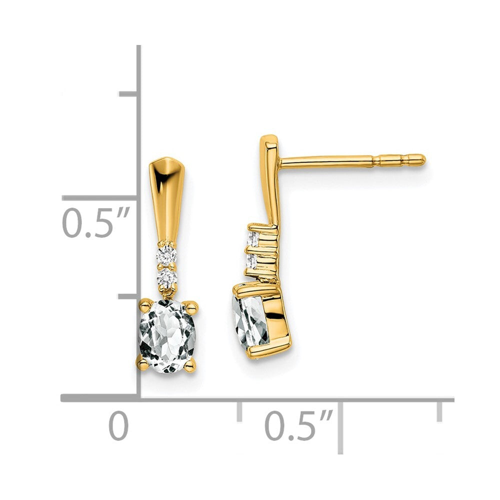 14k Yellow Gold Oval White Topaz and Diamond Dangle Earrings Gift for Women