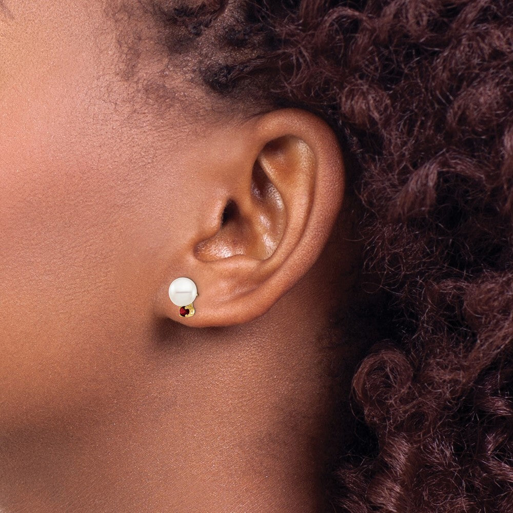 14k Yellow Gold 7-7.5mm Freshwater Cultured Pearl and .18GA Garnet Stud Earrings