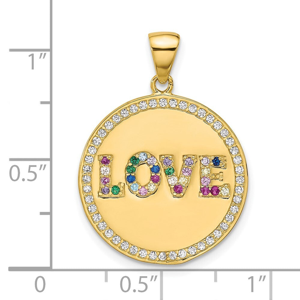 Sterling Silver Gold-tone Rainbow Cubic Zirconia Love Disc Pendant