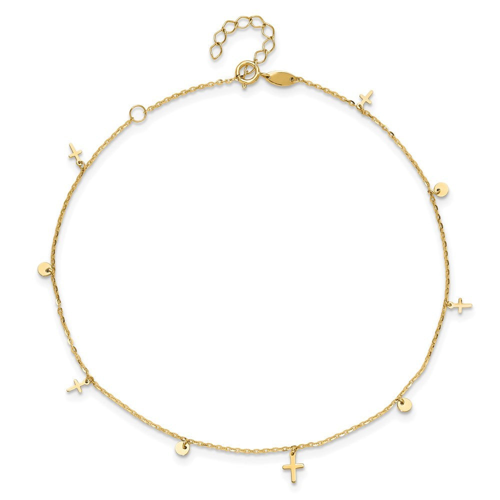 14k Yellow Gold Dangle Crosses and Circles 9" Plus 2 in Extender 11" Anklet