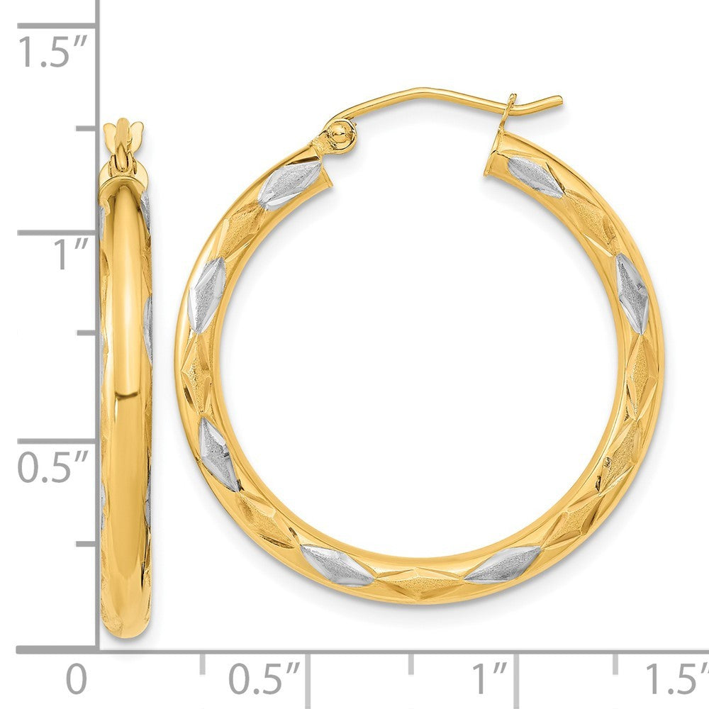 14k Yellow Gold White Rhodium Polished Satin and Diamond-cut Hoop Earrings