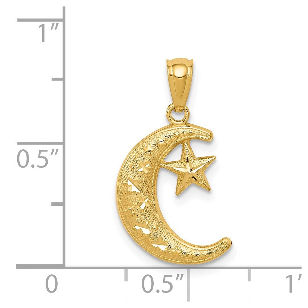 14k Yellow Gold Gold Polished and Textured Moon and Stars Pendant for Women