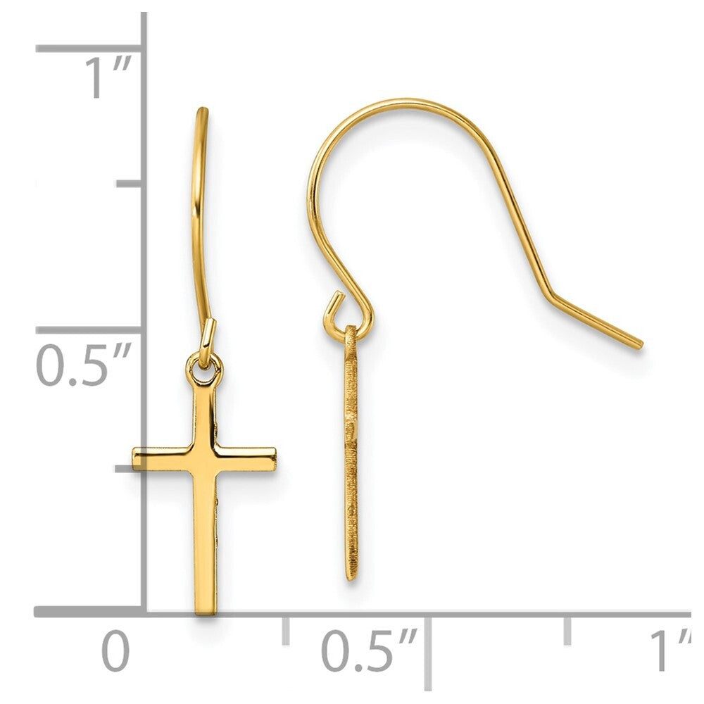 14k Yellow Gold Dangle Cross Shepherd Hook Earrings Gift for Women