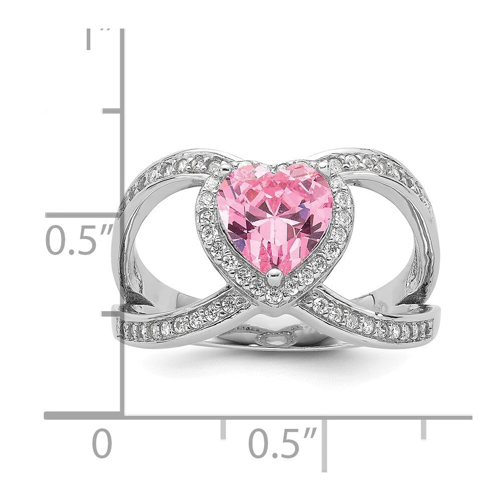 Sterling Silver Rhodium-plated Clear and Pink CZ Heart Ring Size 6