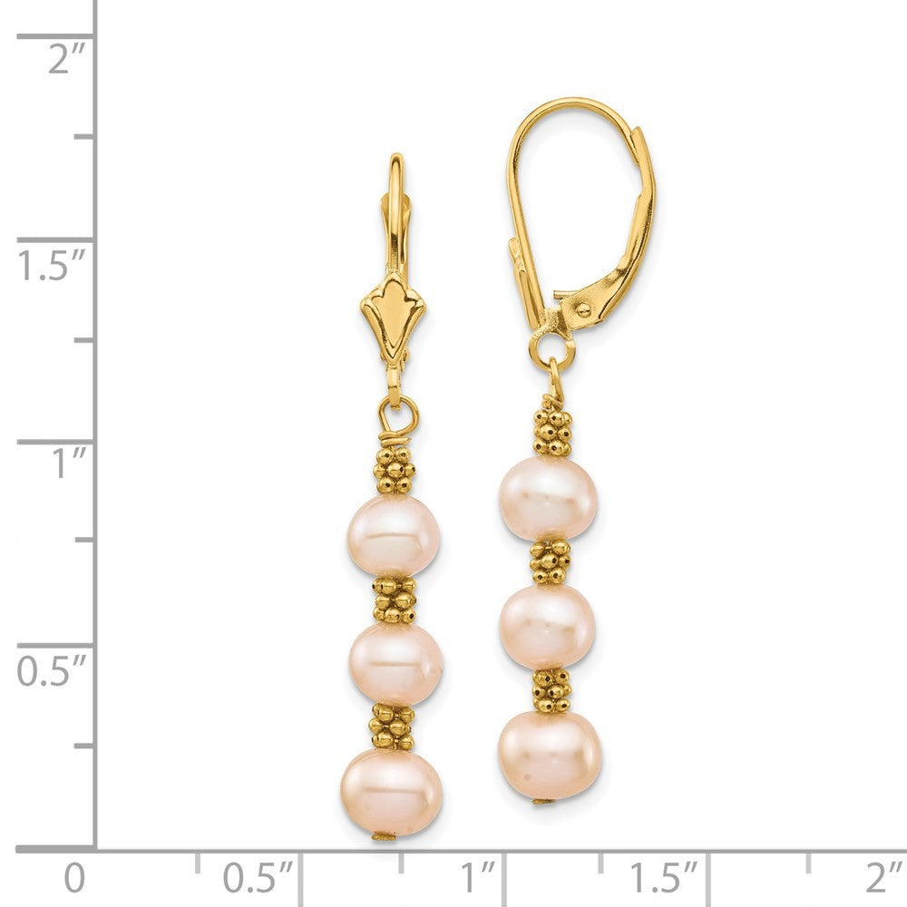 14k Yellow Gold 5-6mm Pink Semi-Round Freshwater Cultured Pearl Dangle Earrings