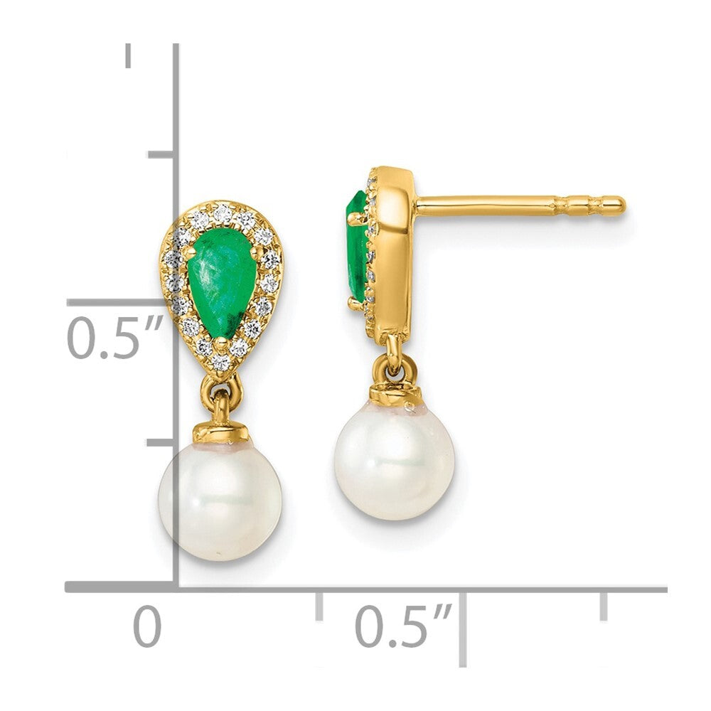 14k Yellow Gold Polished Diamond Pearl and Emerald Dangle Earrings