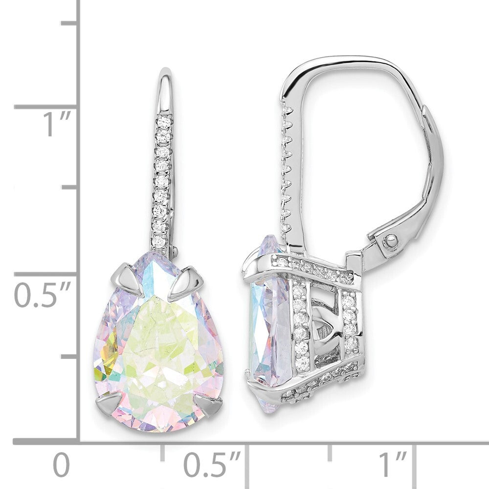 Sterling Silver Rhodium-plated Pear Iridescent Cubic Zirconia Leverback Earrings