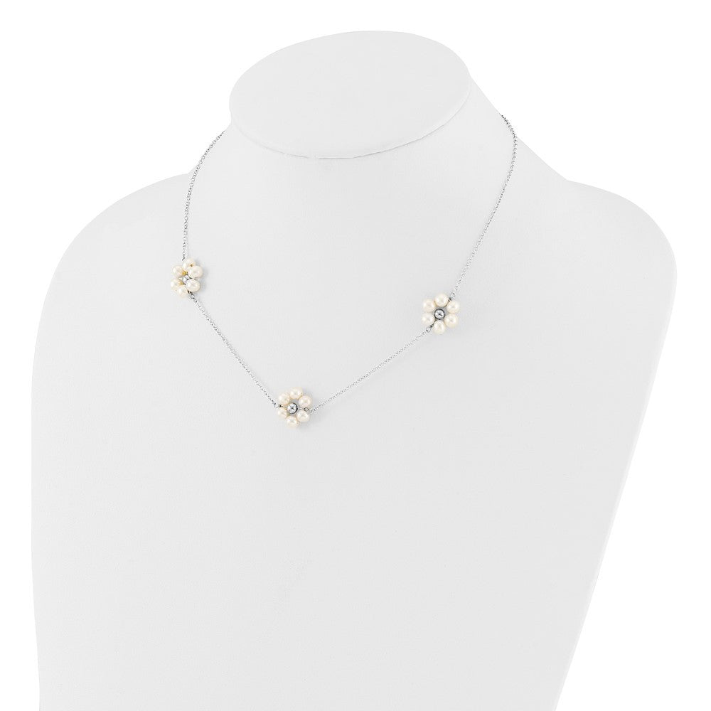 Sterling Silver 4mm Semi-Round Pearl Flower Pendant Necklace 17" w/ 1.75" Ext