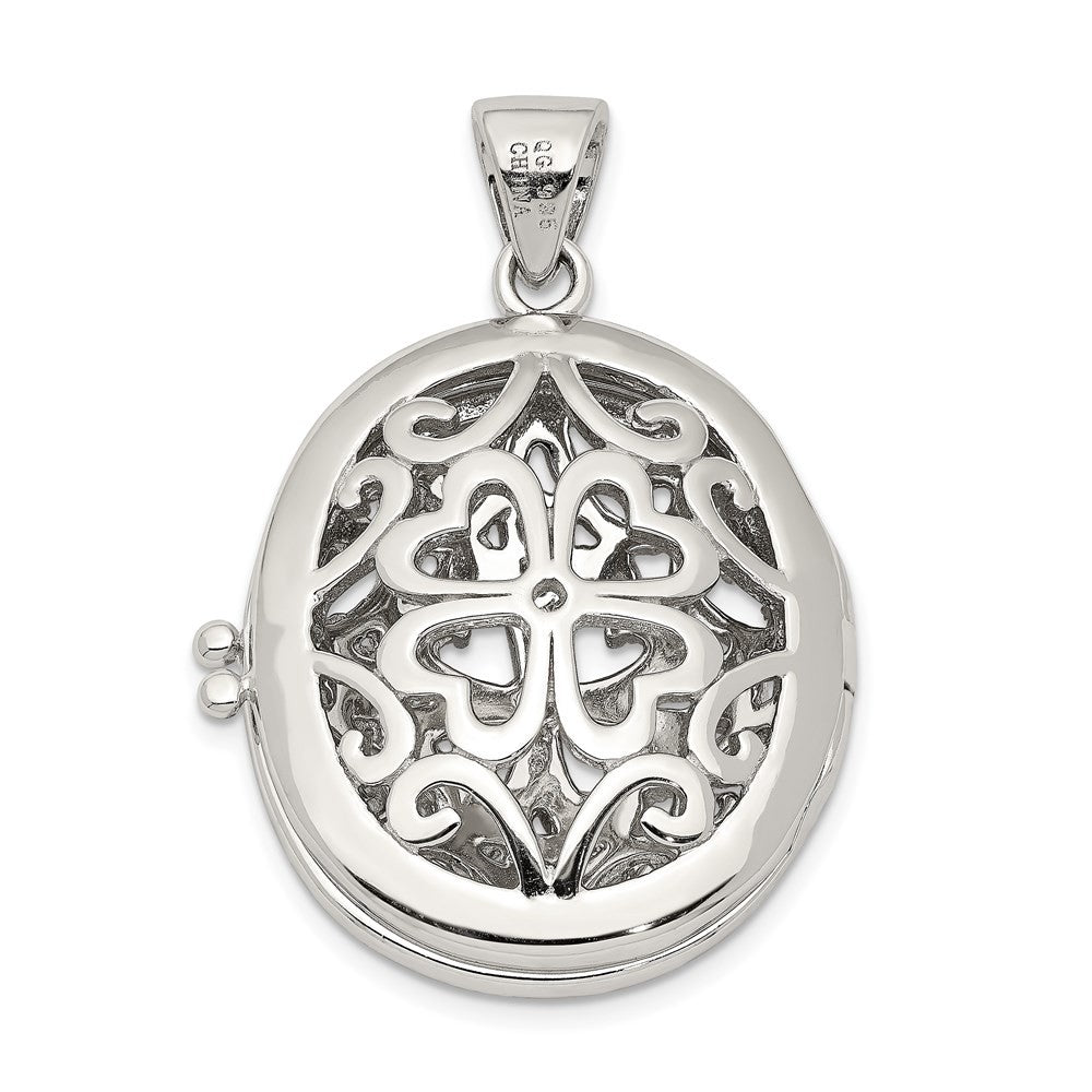 Sterling Silver Rhodium-plated Cubic Zirconia Fancy Filigree Oval 22mm Locket
