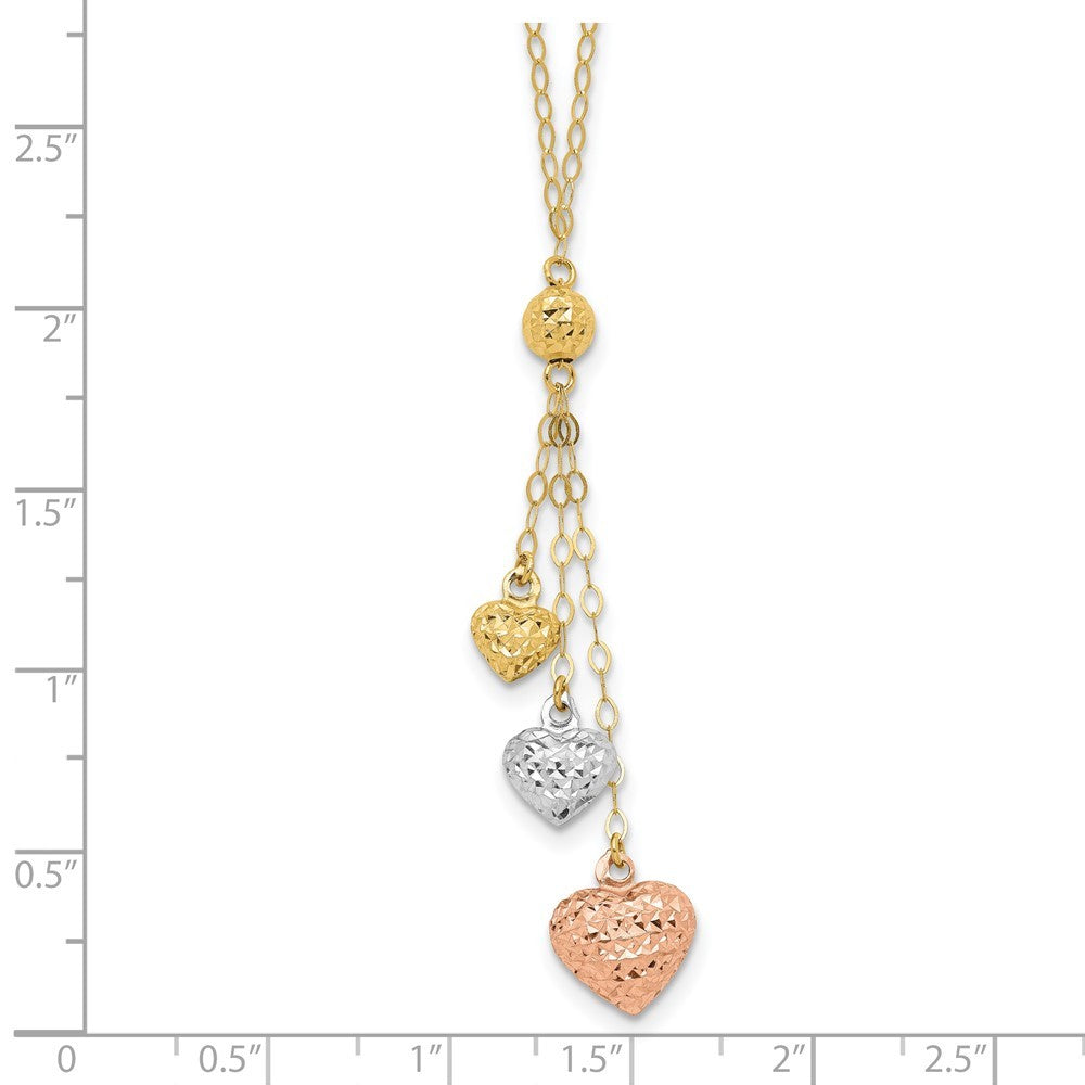 14k Tri-color Gold Puff Heart Lariat with 2in ext Necklace