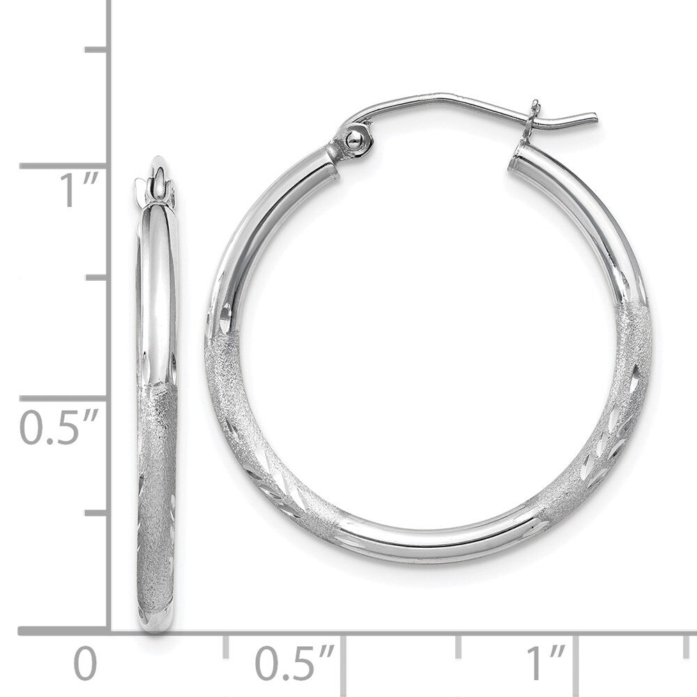 14k White Gold Satin and Diamond-cut 2mm Round Hoop Earrings Gift for Women