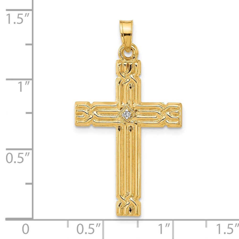 14k Yellow Gold Polished and Grooved Hollow Diamond Cross Pendant for Women