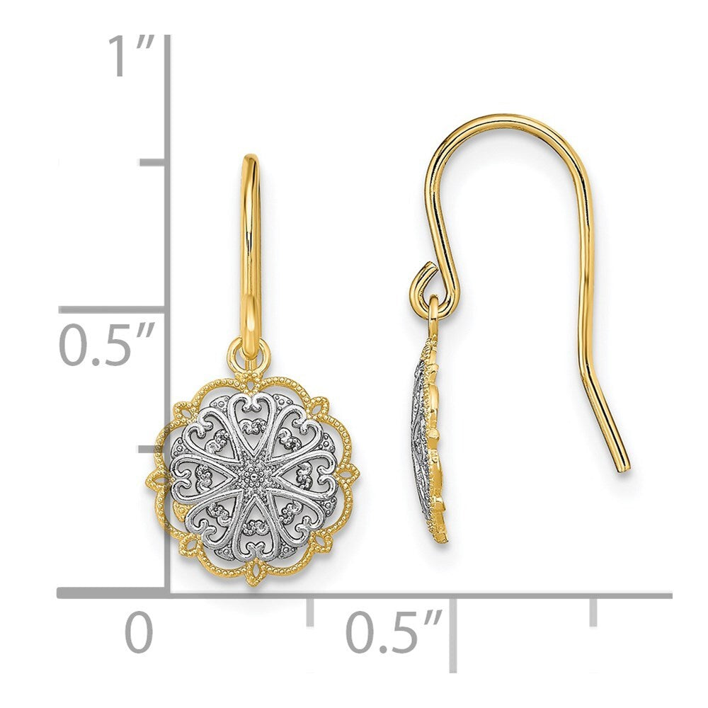 14k Yellow Gold and Rhodium Fancy Dangle Wire Earrings Gift for Women