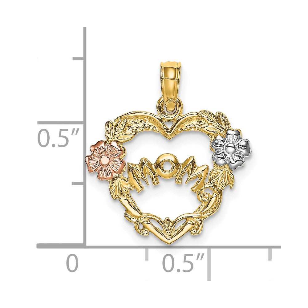 14k Two-tone with White Rhodium MOM Heart with Flowers Charm