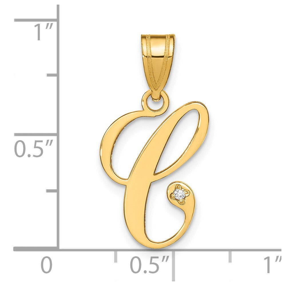 14k Yellow Gold Script Letter C Initial Pendant with Diamond for Women