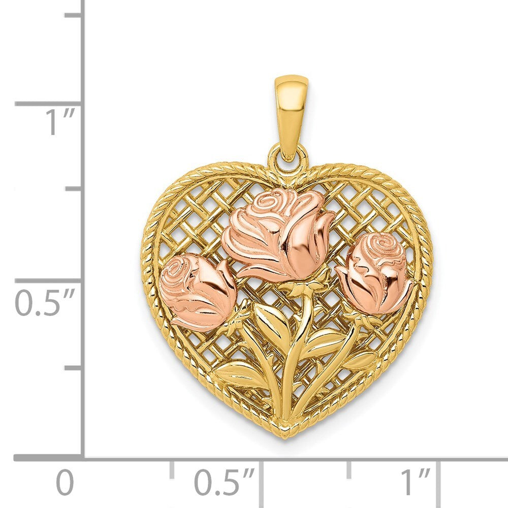 14k Two-tone Gold Polished Flowers in Heart Pendant for Women