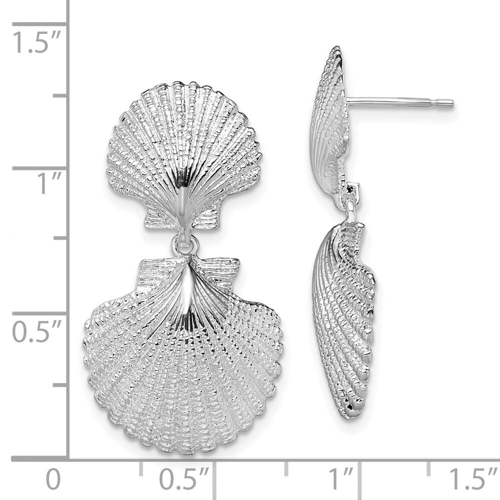 Sterling Silver Rhodium-Plated Polished Double Shell Dangle Post Earrings