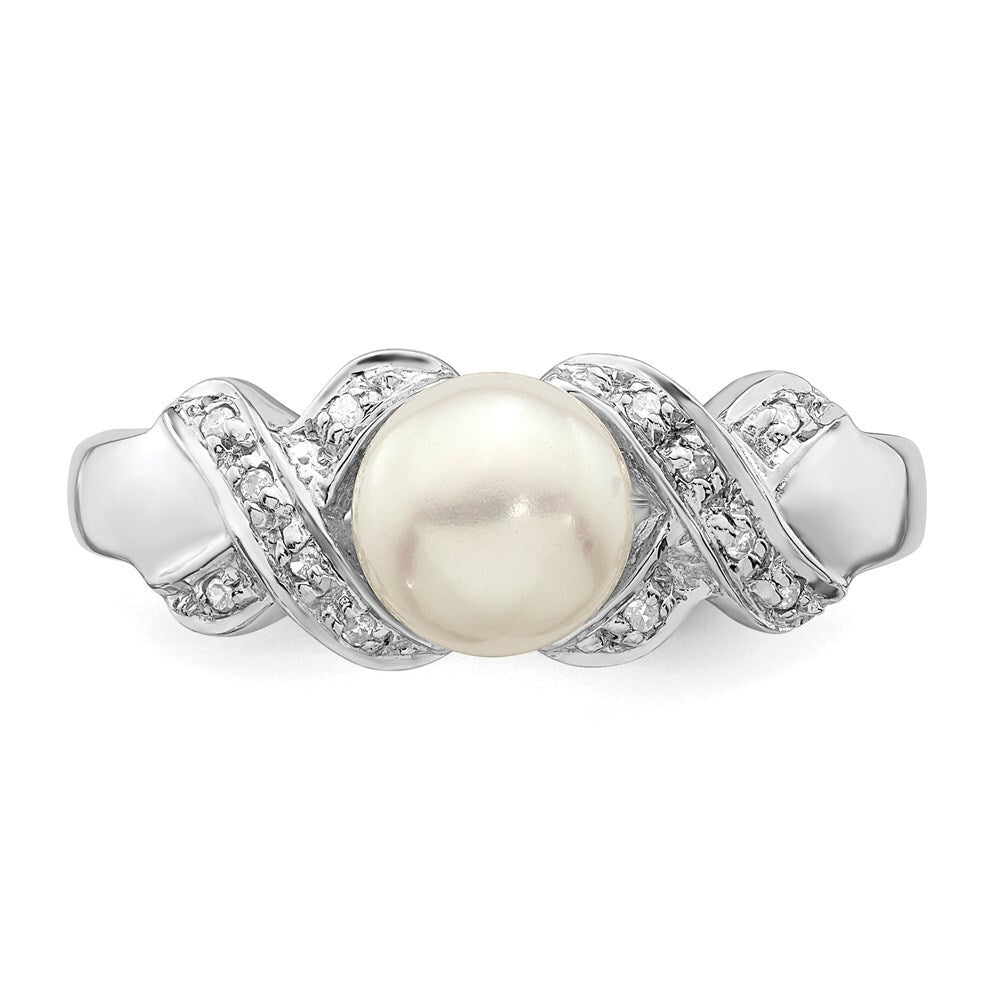 Sterling Silver Rhodium 6mm FW Cultured Button Pearl Ring Size 8