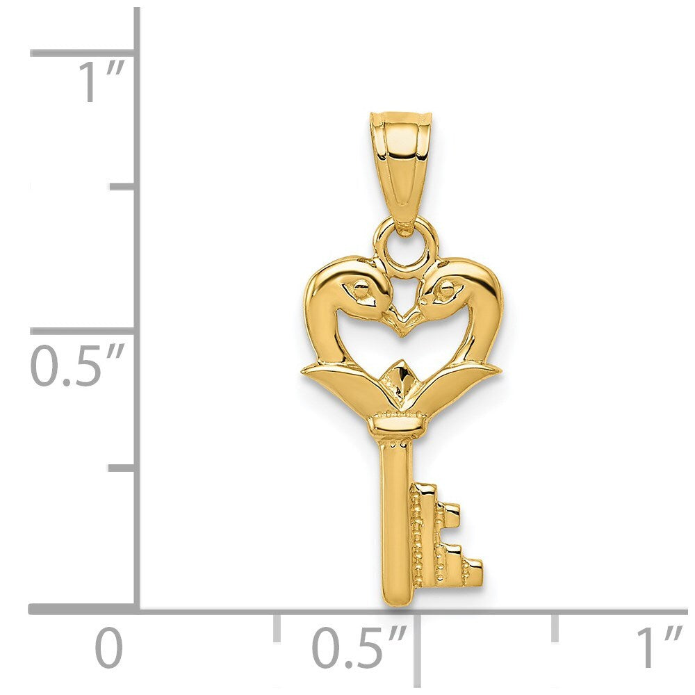 14k Yellow Gold Polished Swans Heart Key Charm Pendant for Women