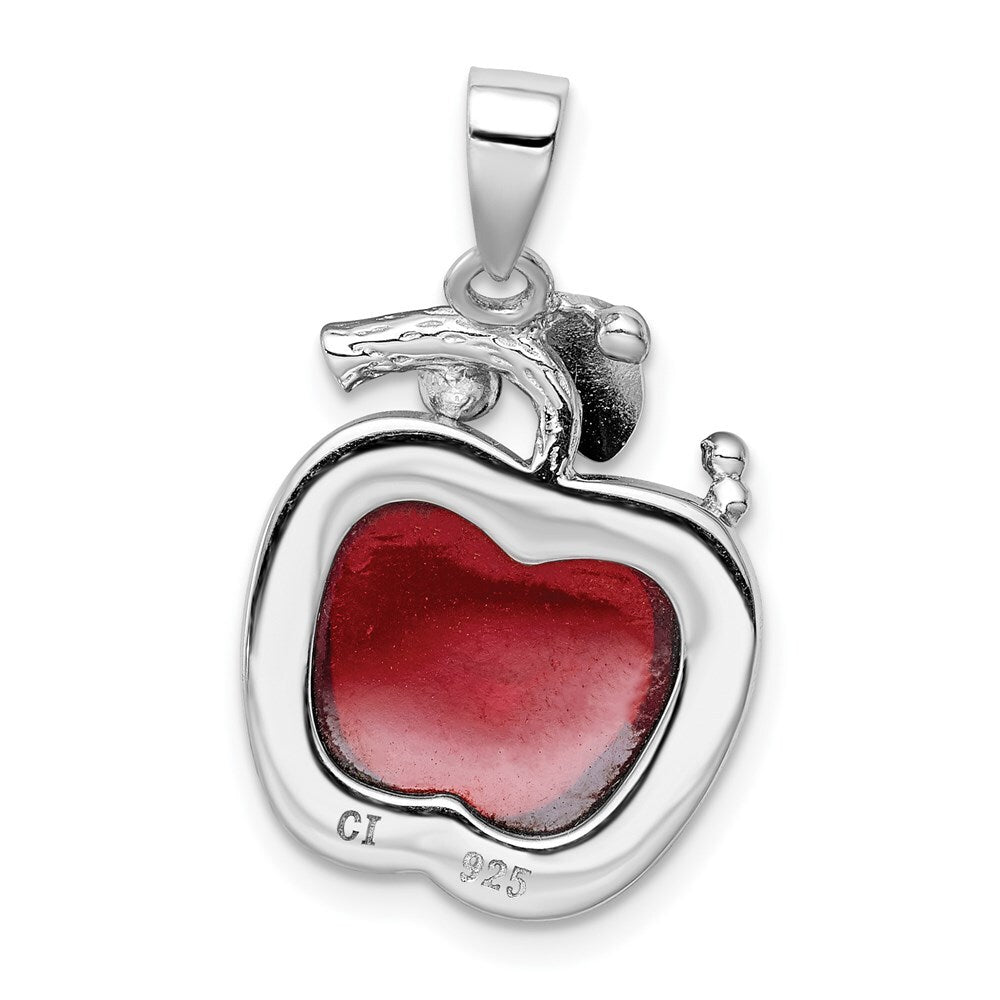 Sterling Silver Rhodium-plated Red Cubic Zirconia Cabochon Apple Pendant