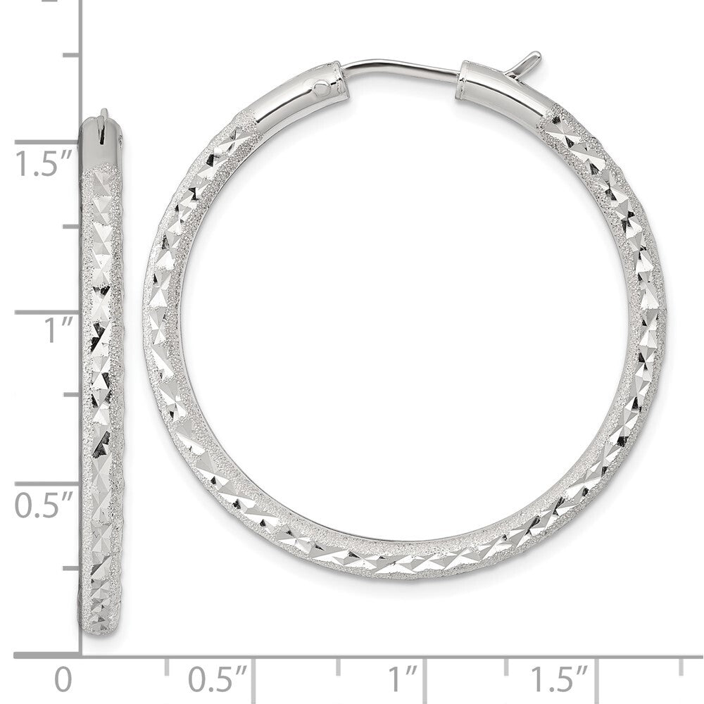 Sterling Silver Laser and Diamond-cut 40x3.25mm Hidden Catch Round Hoop Earrings