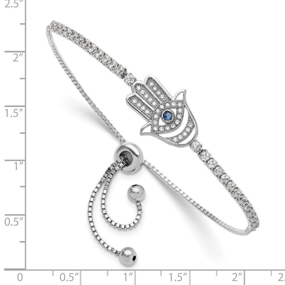 Sterling Silver Rh-plated Clear and Blue CZ Evil Eye Hamsa Adj Bracelet