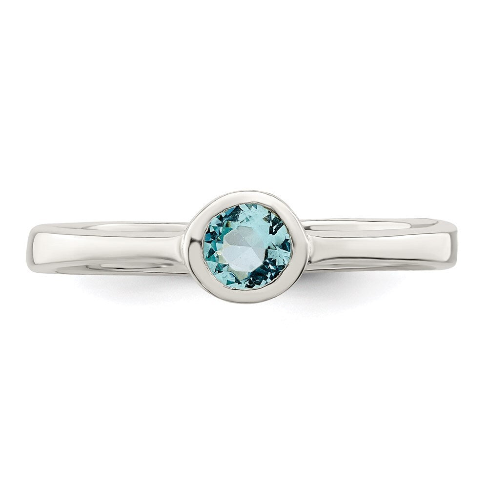 Sterling Silver Light Blue Round Bezel Cubic Zirconia Ring Size 6