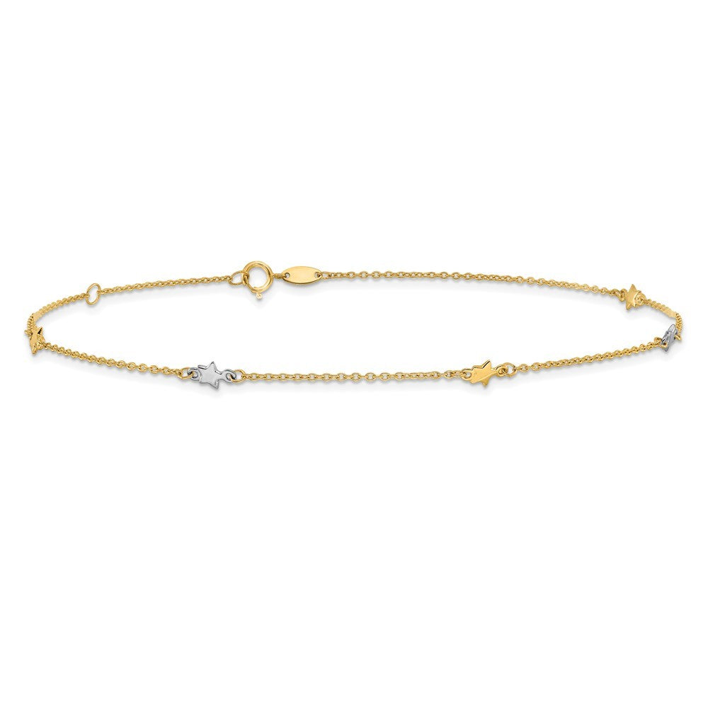 14K Two-Tone Polished Stars 5-Station 11" Anklet