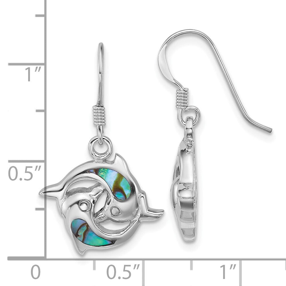 Sterling Silver Rhod-plated Polished Abalone Dolphins Dangle Earrings
