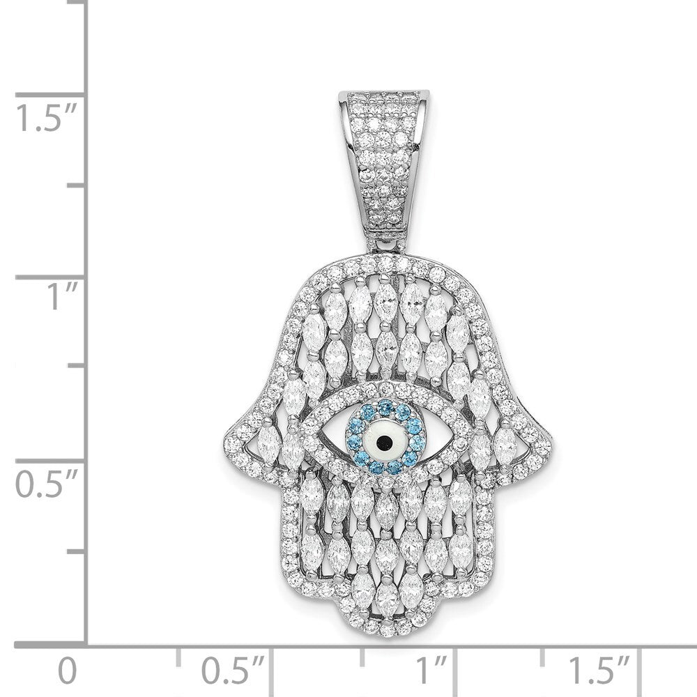 Sterling Silver Rhodium-plated White & Blue Cubic Zirconia Hamsa Eye Pendant